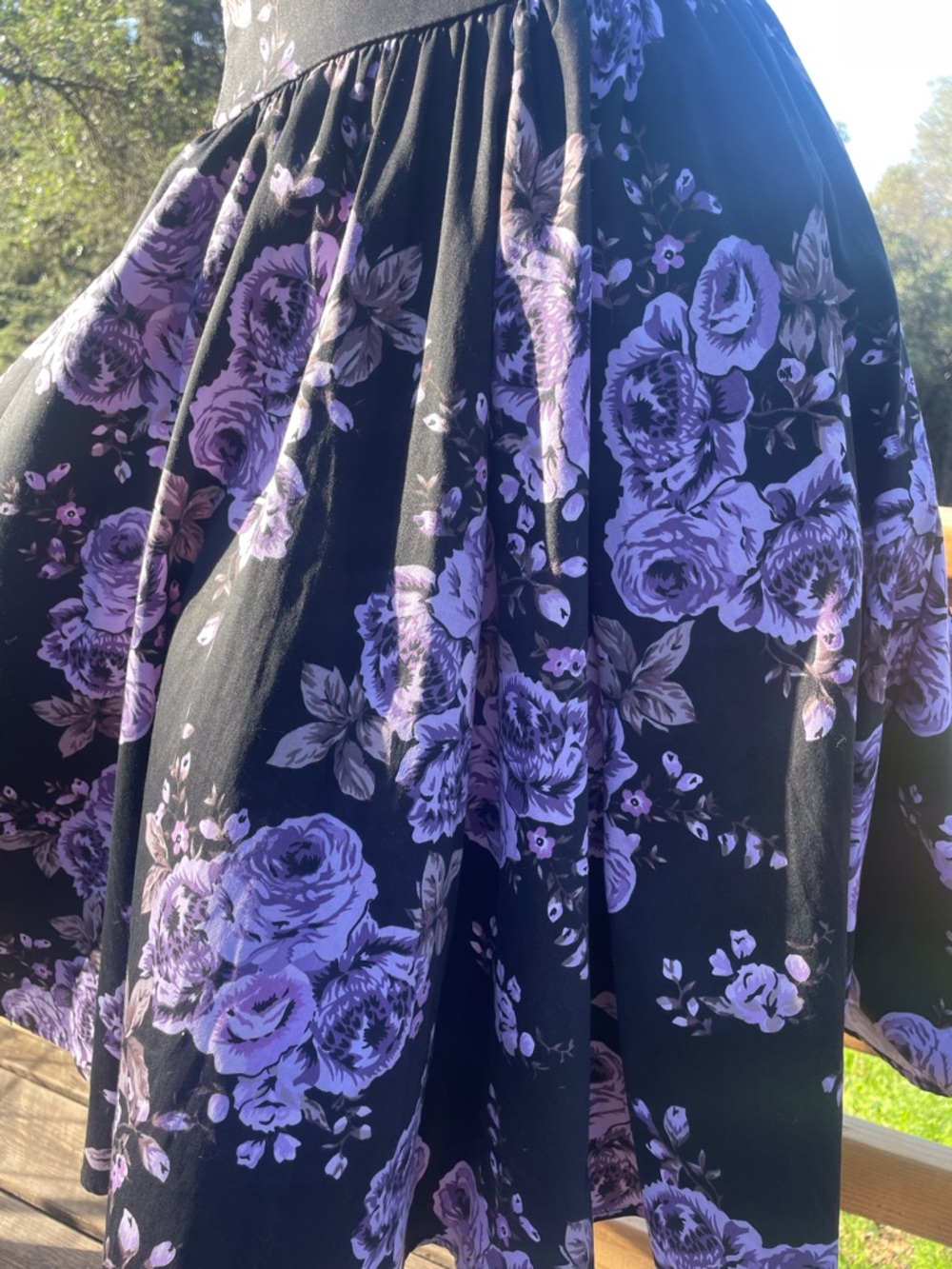 Pinup Couture Black Midi Swing Dress with Purple Rose Print - Picture 7 of 12